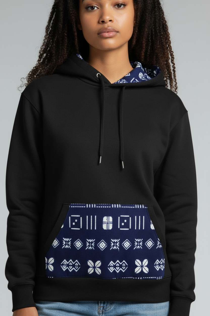 Sweat avec capuche customisé en wax | Bogolan bleu