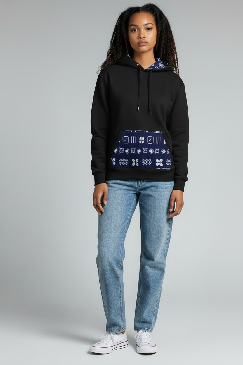 Sweat avec capuche customisé en wax | Bogolan bleu
