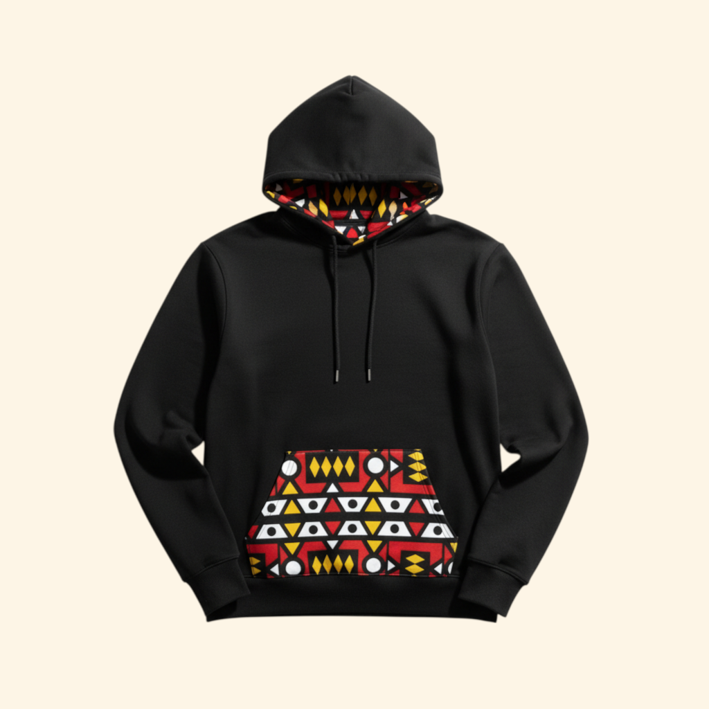 Sweat avec capuche customisé en wax | Bogolan rouge