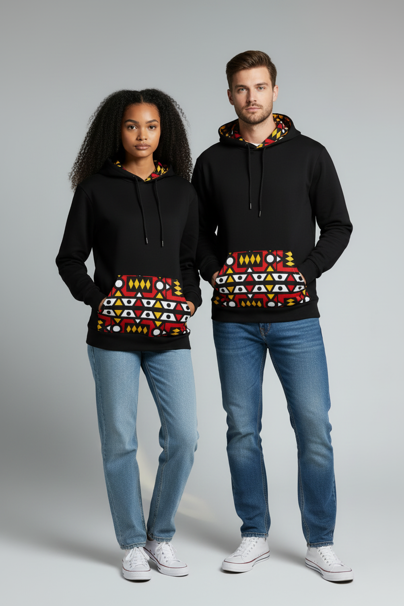 Sweat avec capuche customisé en wax | Bogolan rouge