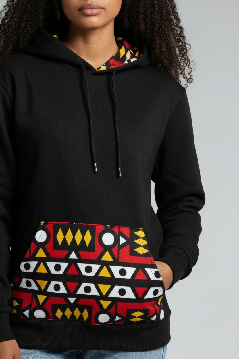 Sweat avec capuche customisé en wax | Bogolan rouge
